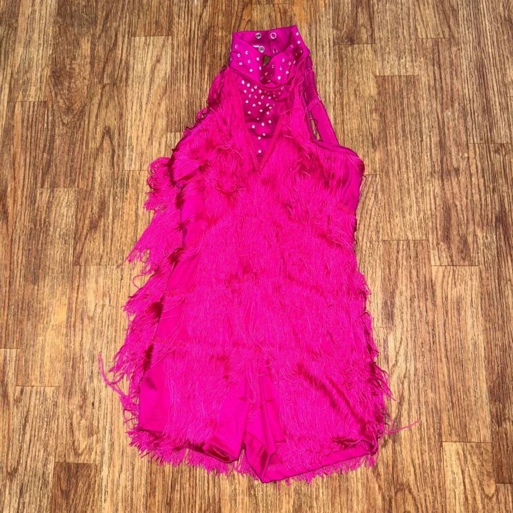 Weissman Hot Pink Fringe Jazz Dance Rhinestone Spice Up Your Life 14130 MC Sassy